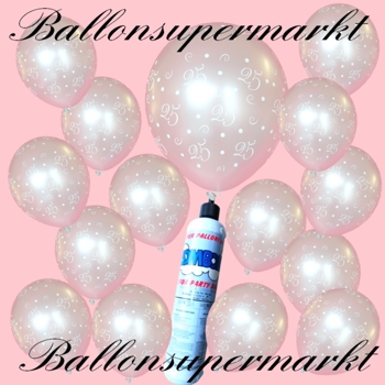 Luftballons mit der Zahl 25, Silberhochzeit, Jubiläum, mit der kleinen Mini-Heliumflasche